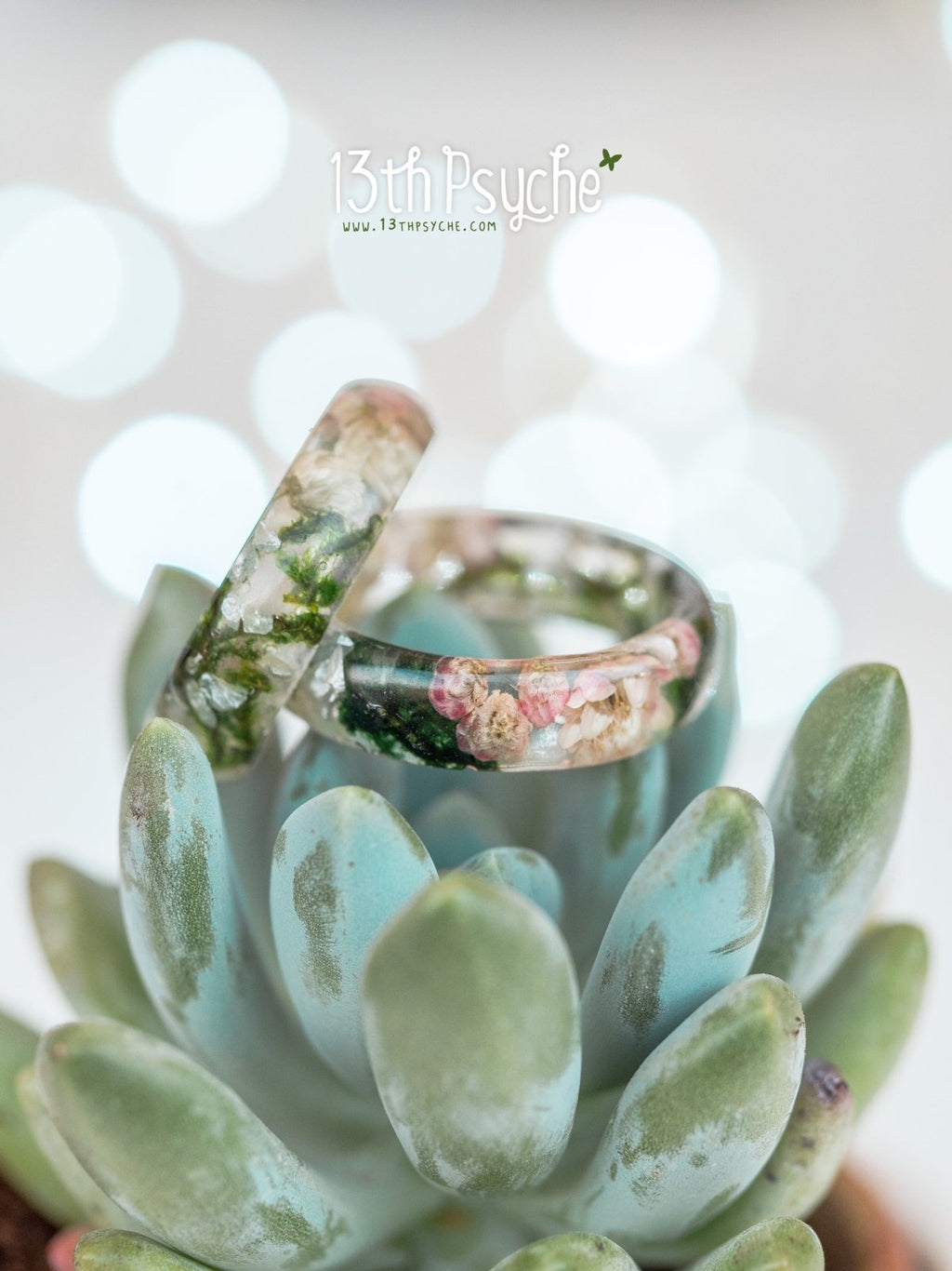Handmade Real moss, Ozothamnus flowers and moonstone resin ring - 13th Psyche