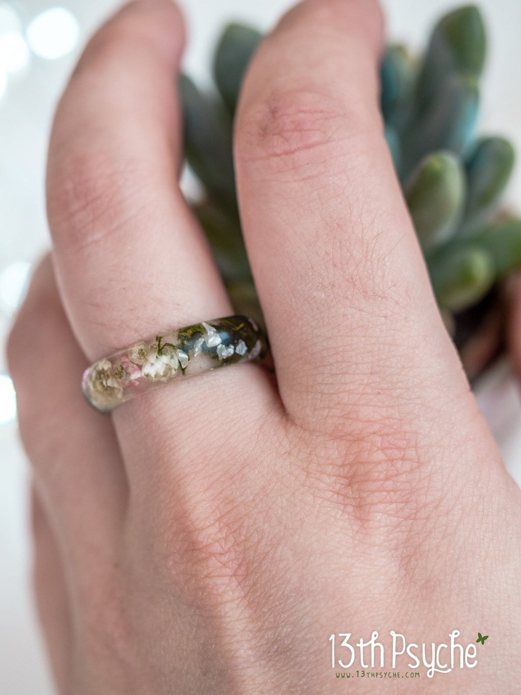 Handmade Real moss, Ozothamnus flowers and moonstone resin ring - 13th Psyche