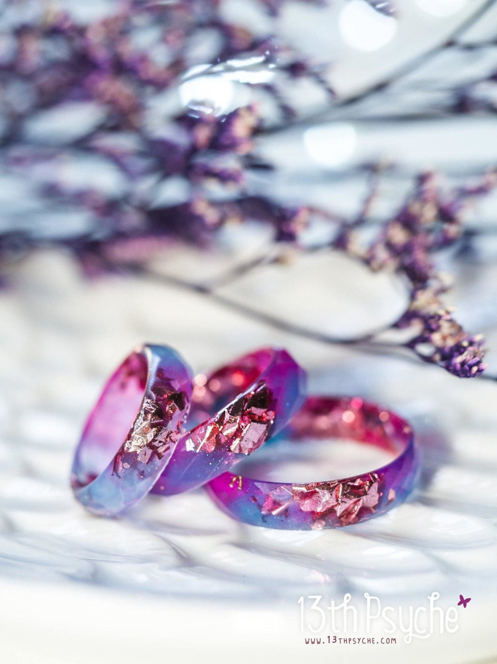 Handmade Blue and fuschia faceted resin ring with pink metallic flakes - 13th Psyche