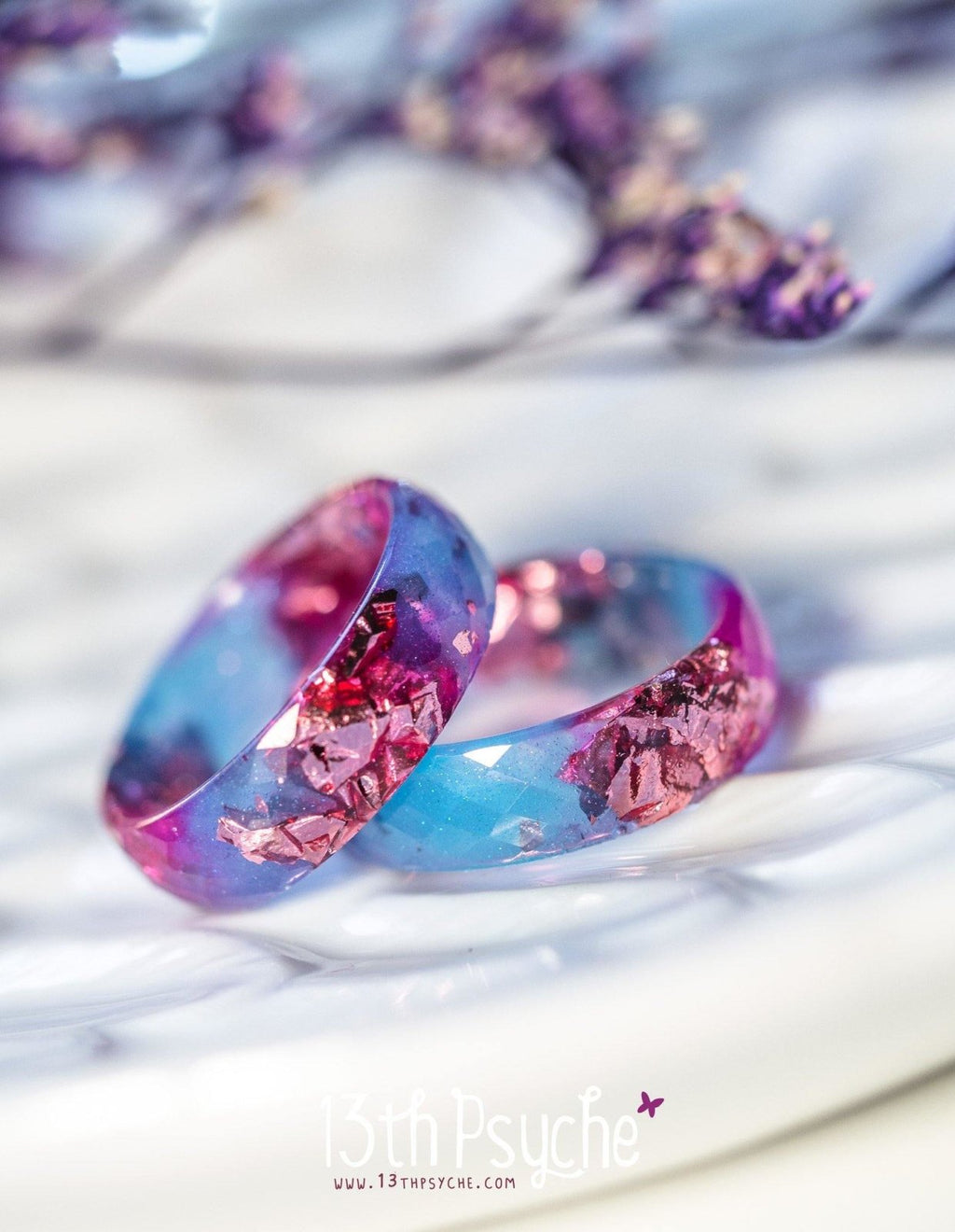 Handmade Blue and fuschia faceted resin ring with pink metallic flakes - 13th Psyche