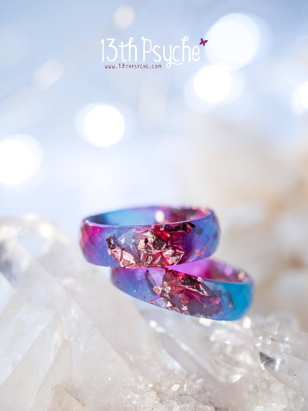 Handmade Blue and fuschia faceted resin ring with pink metallic flakes - 13th Psyche