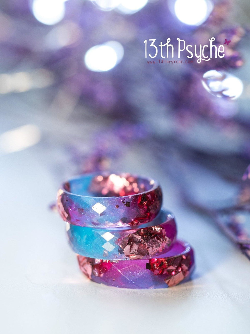 Handmade Blue and fuschia faceted resin ring with pink metallic flakes - 13th Psyche
