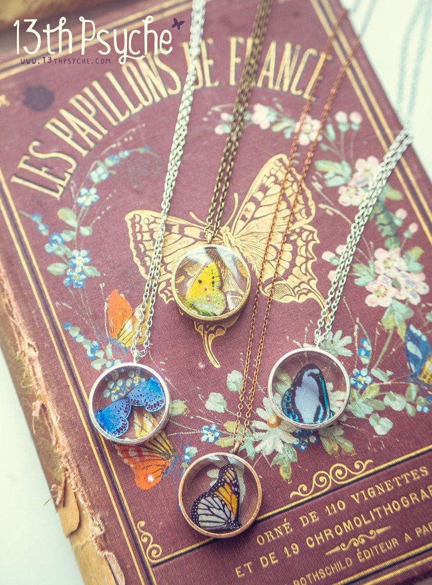 Handmade Blue butterflies resin cameo pendant necklace - 13th Psyche