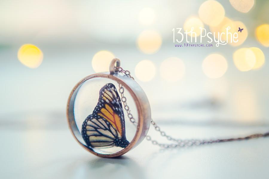 Handmade Monarch butterfly resin pendant necklace - 13th Psyche