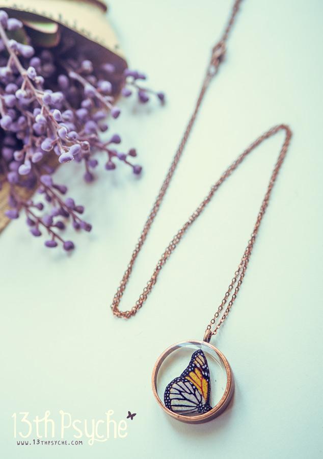 Handmade Monarch butterfly resin pendant necklace - 13th Psyche