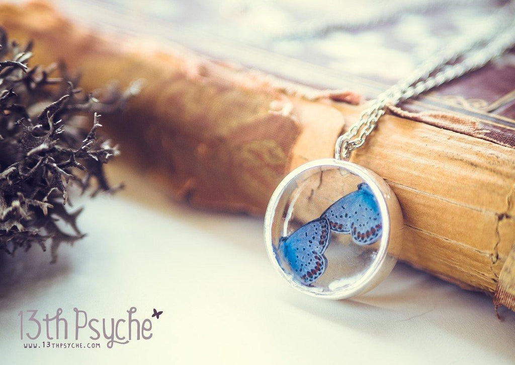 Handmade Blue butterflies resin cameo pendant necklace - 13th Psyche