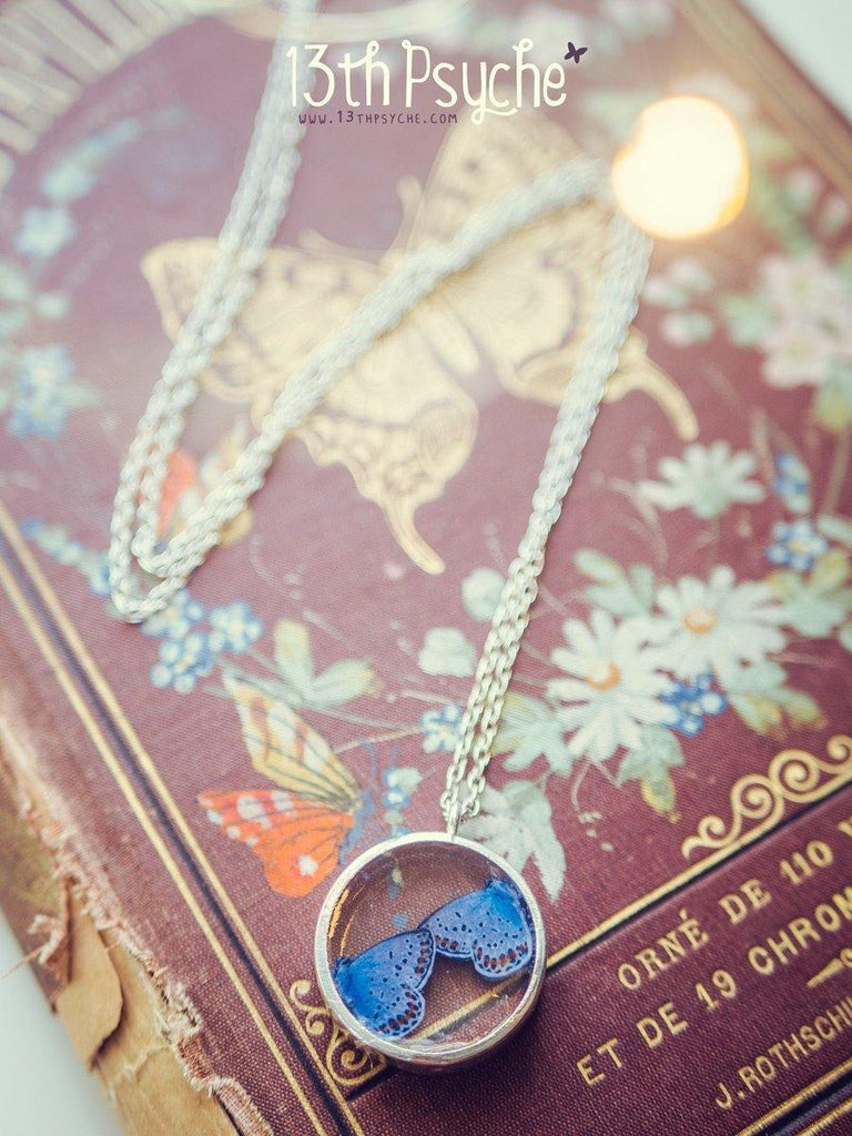 Handmade Blue butterflies resin cameo pendant necklace - 13th Psyche