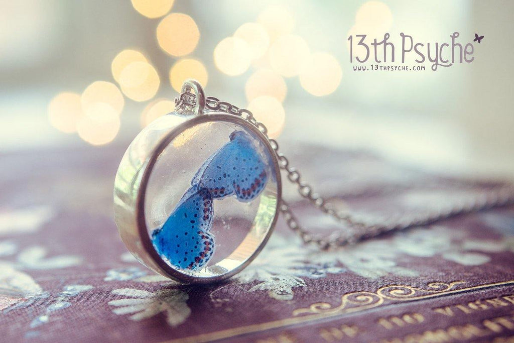Handmade Blue butterflies resin cameo pendant necklace - 13th Psyche