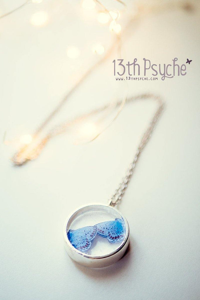 Handmade Blue butterflies resin cameo pendant necklace - 13th Psyche