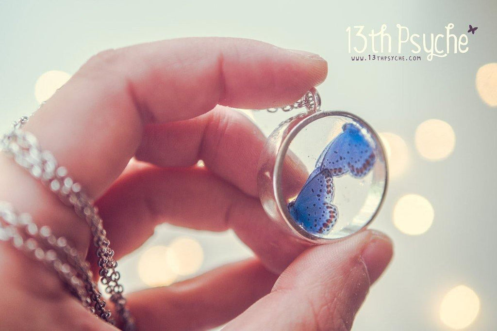 Handmade Blue butterflies resin cameo pendant necklace - 13th Psyche