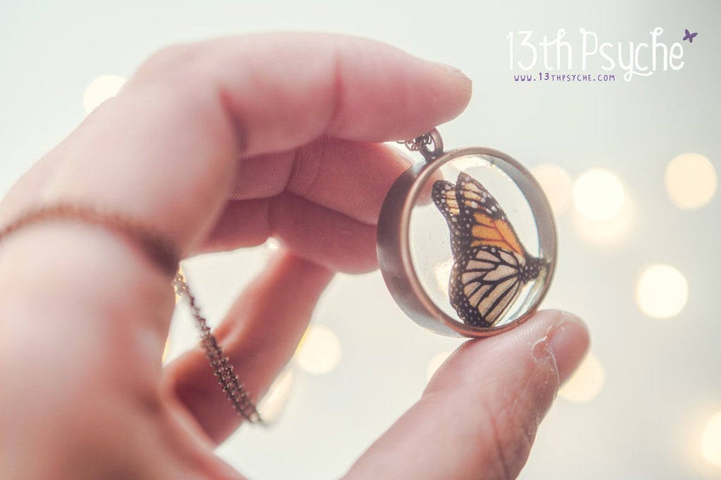 Handmade Monarch butterfly resin pendant necklace - 13th Psyche