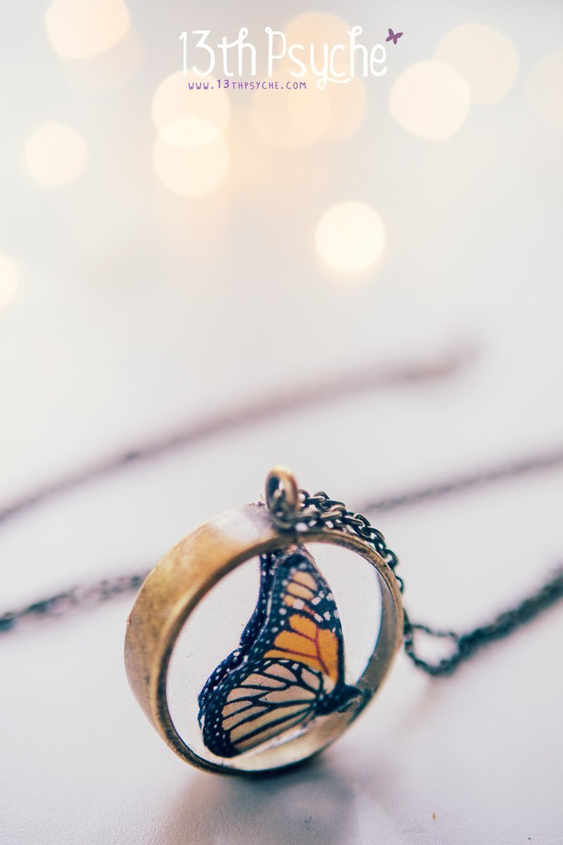 Handmade Monarch butterfly resin pendant necklace - 13th Psyche