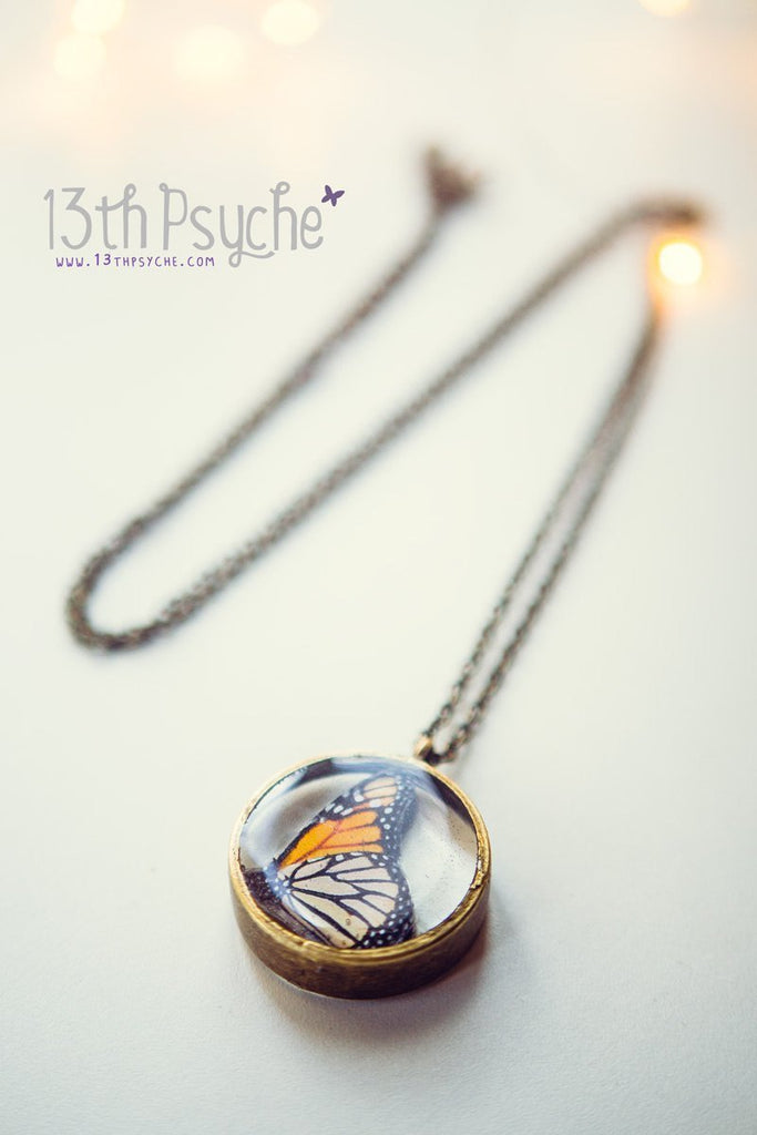 Handmade Monarch butterfly resin pendant necklace - 13th Psyche