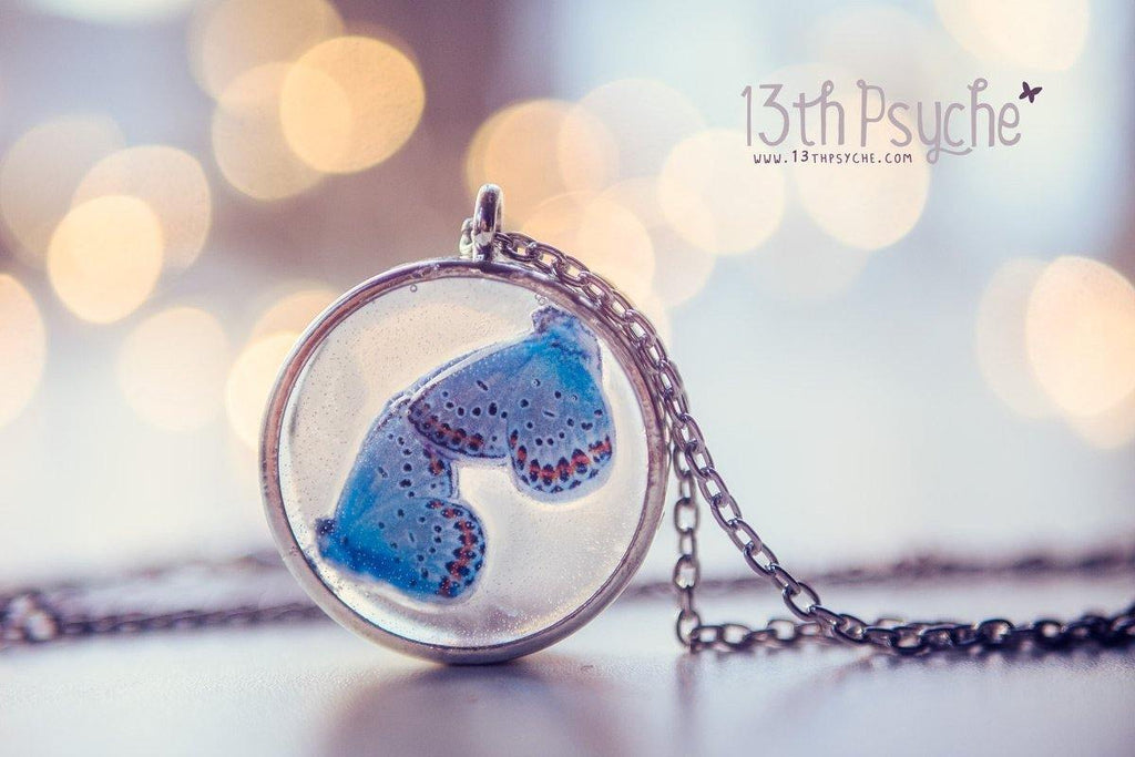 Handmade Blue butterflies resin cameo pendant necklace - 13th Psyche