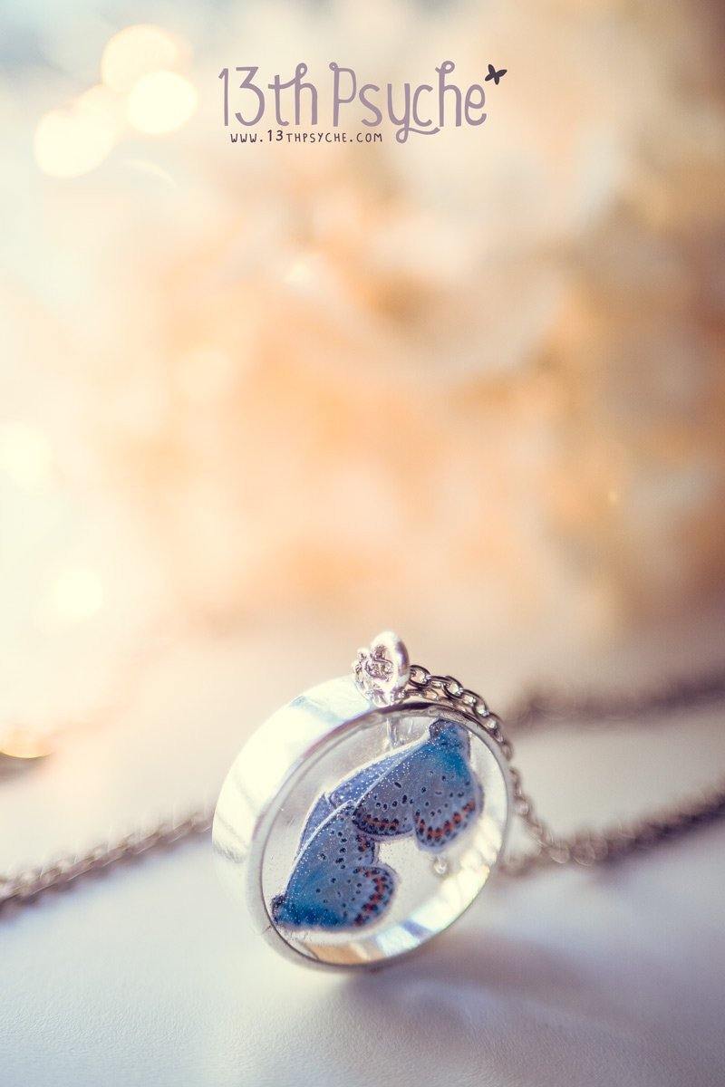 Handmade Blue butterflies resin cameo pendant necklace - 13th Psyche