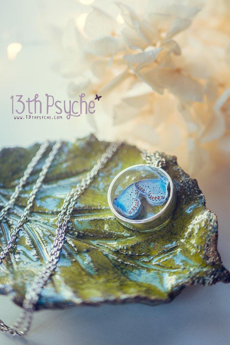 Handmade Blue butterflies resin cameo pendant necklace - 13th Psyche