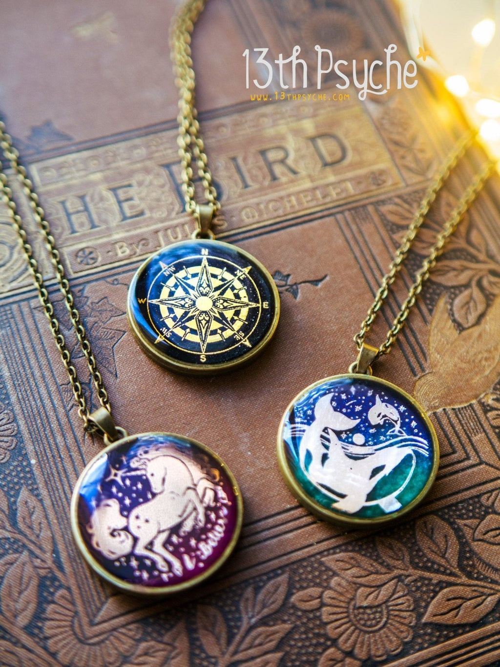 Handmade Compass pendant necklace, Illustrated cameo necklace - 13th Psyche
