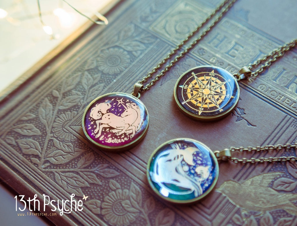 Handmade Illustrated unicorn resin pendant necklace, I believe necklace - 13th Psyche