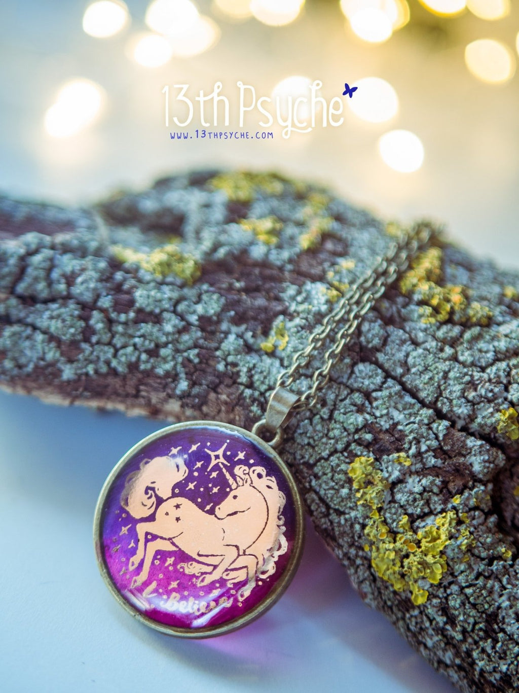 Handmade Illustrated unicorn resin pendant necklace, I believe necklace - 13th Psyche