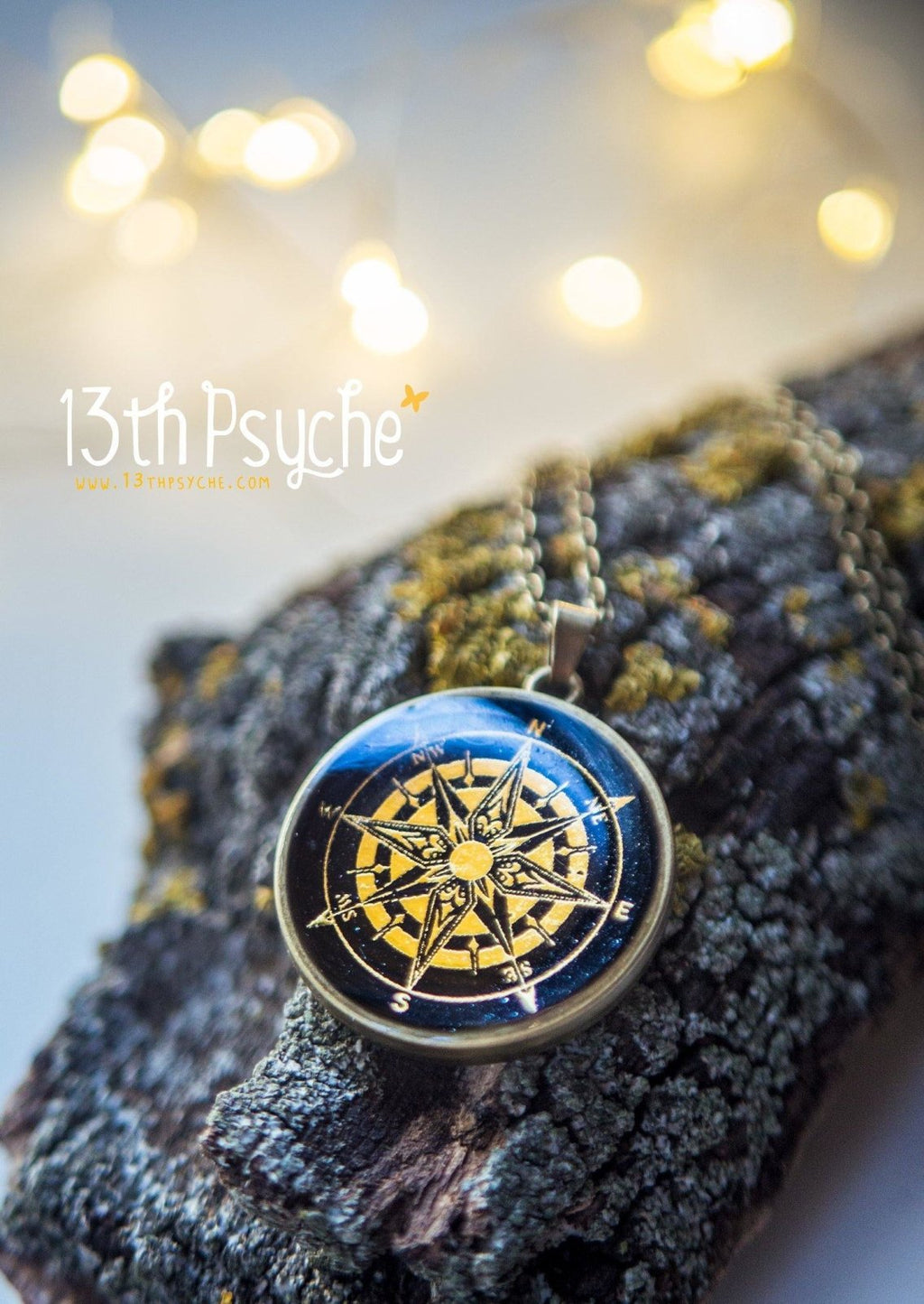 Handmade Compass pendant necklace, Illustrated cameo necklace - 13th Psyche