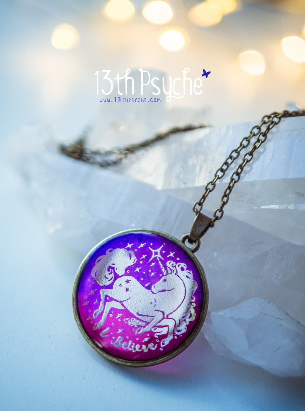 Handmade Illustrated unicorn resin pendant necklace, I believe necklace - 13th Psyche