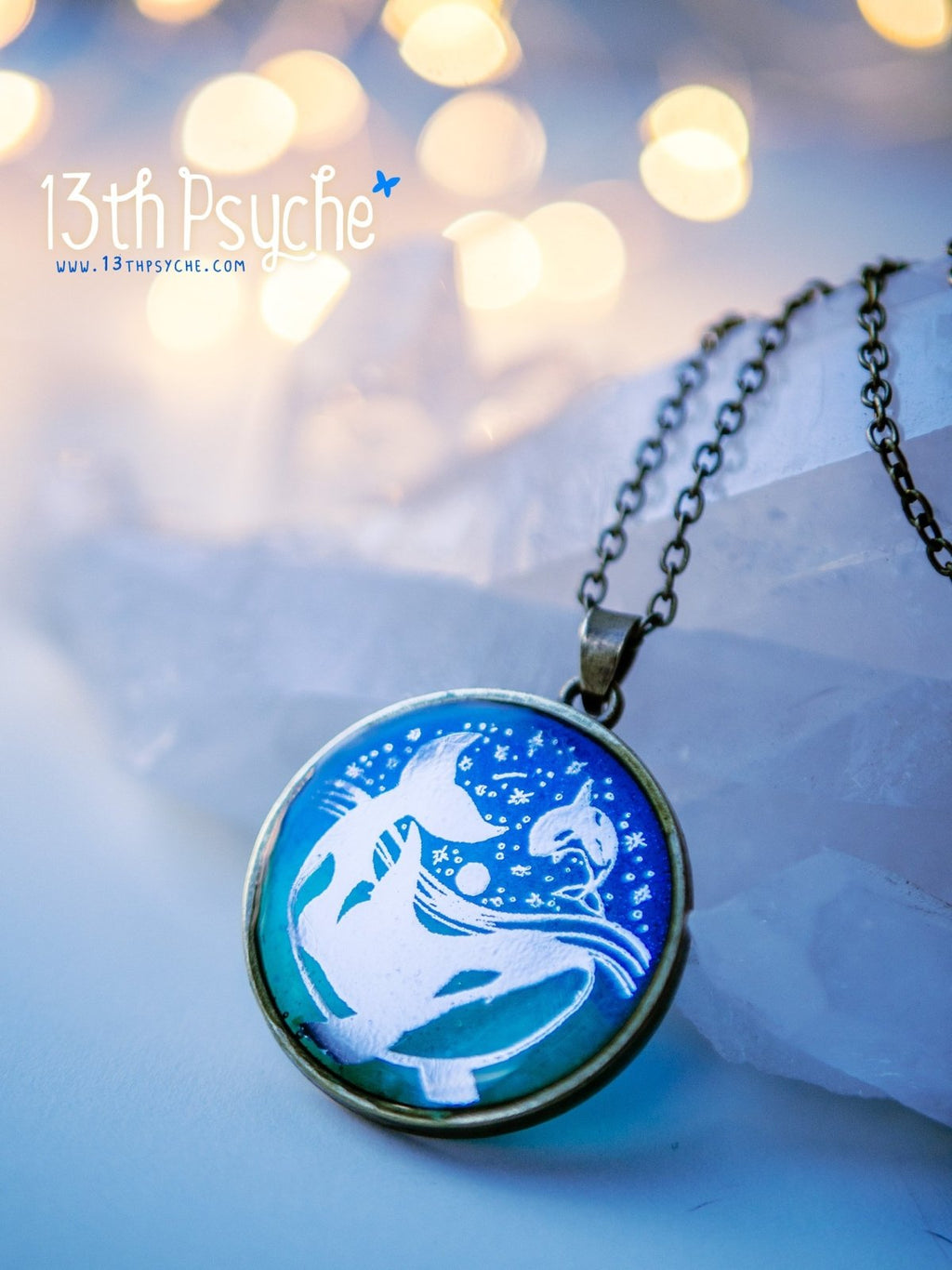 Handmade Illustrated orcas resin pendant necklace - 13th Psyche