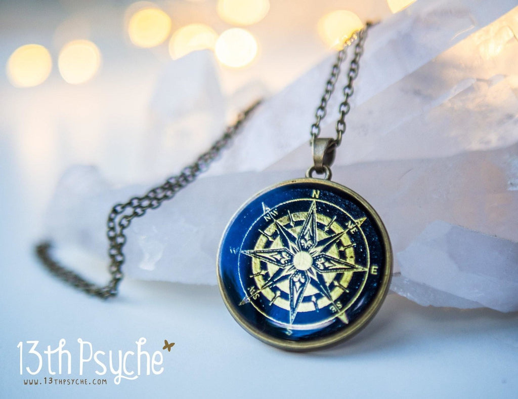 Handmade Compass pendant necklace, Illustrated cameo necklace - 13th Psyche