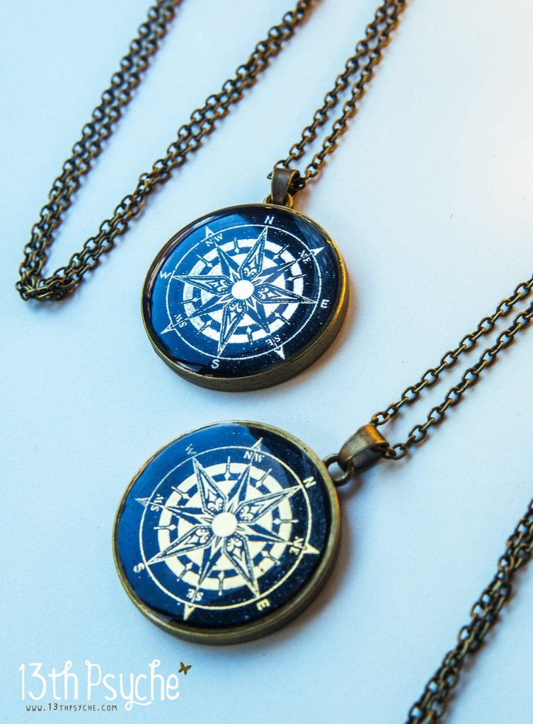 Handmade Compass pendant necklace, Illustrated cameo necklace - 13th Psyche