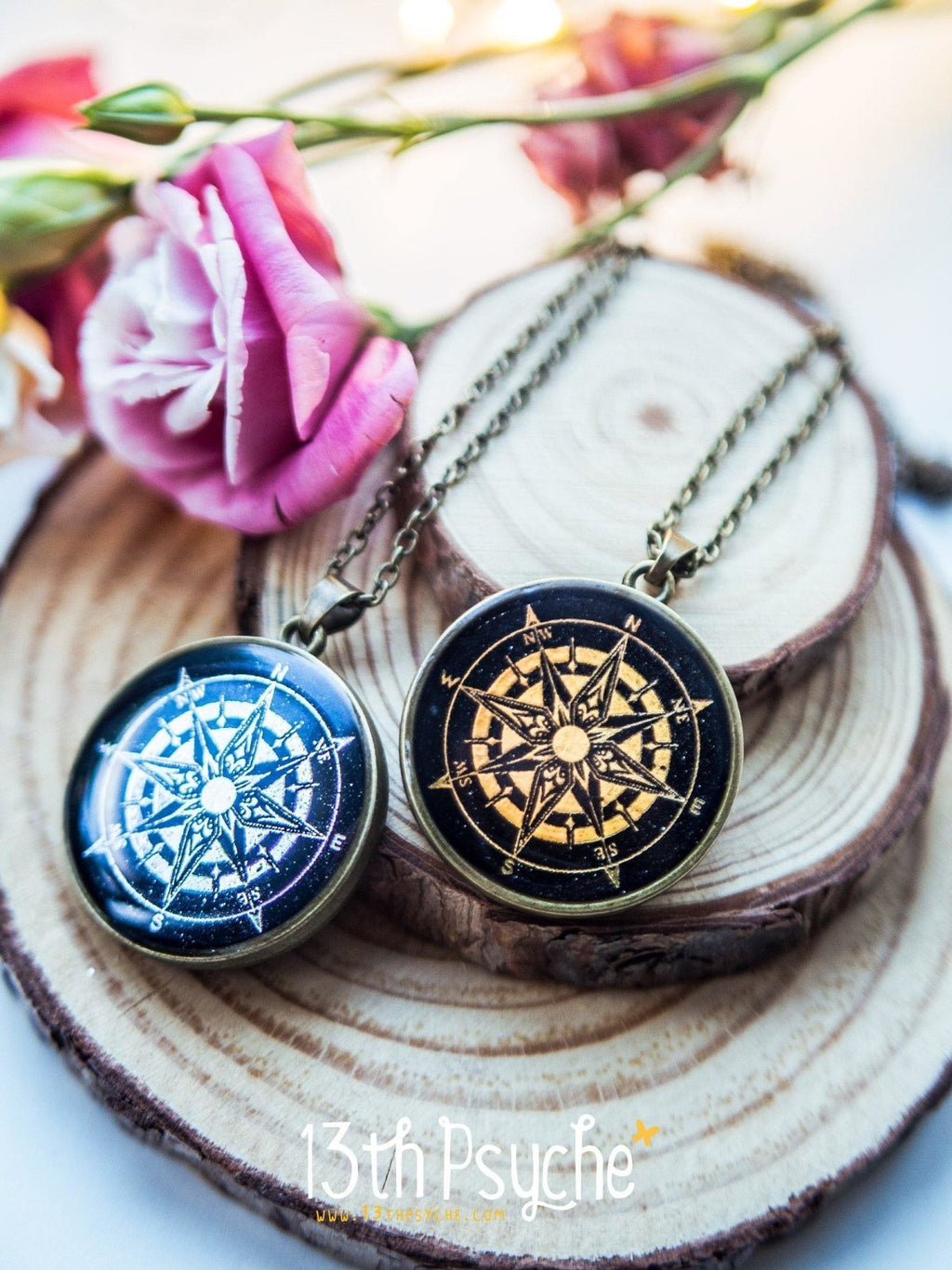 Handmade Compass pendant necklace, Illustrated cameo necklace - 13th Psyche