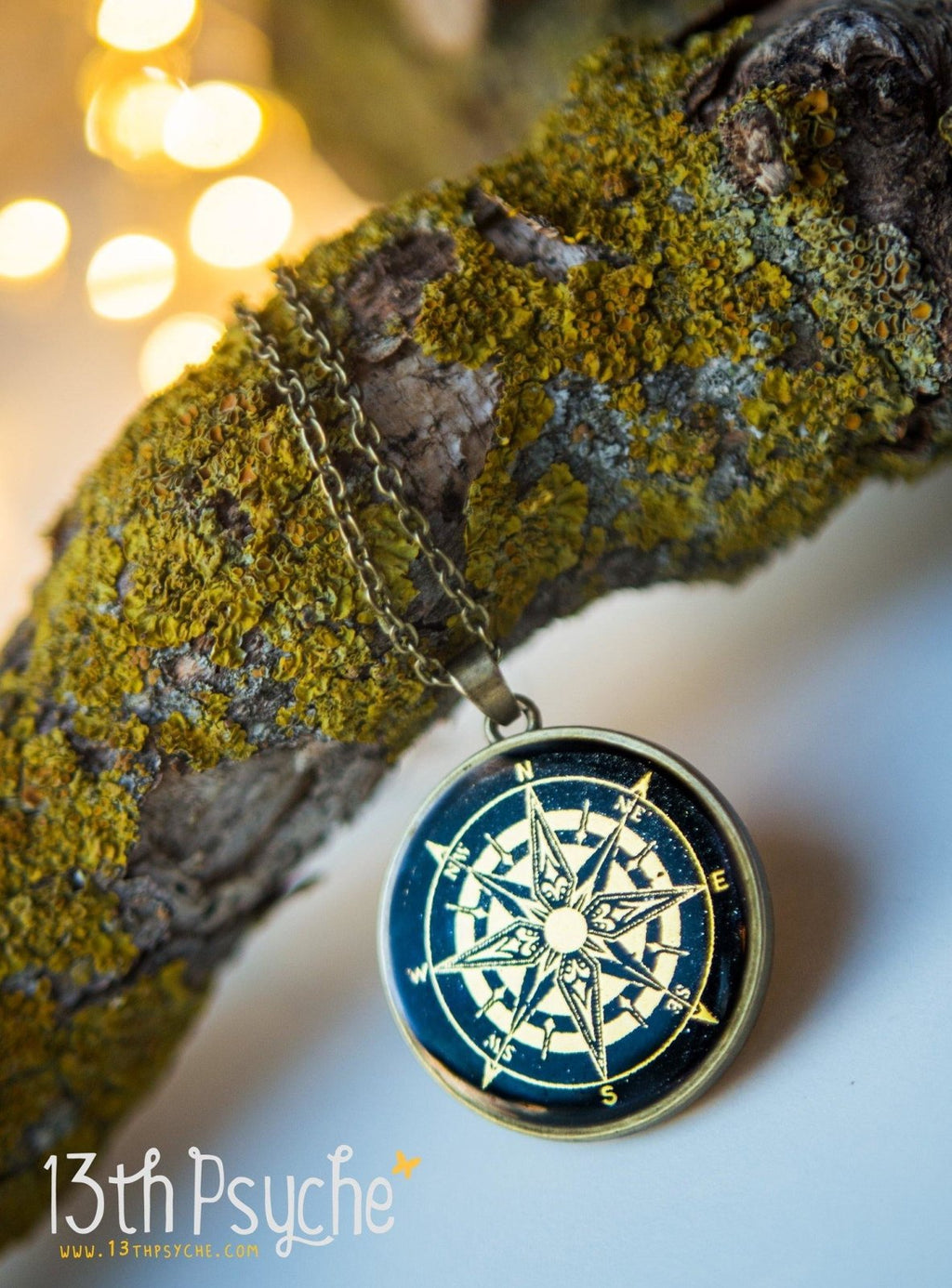 Handmade Compass pendant necklace, Illustrated cameo necklace - 13th Psyche