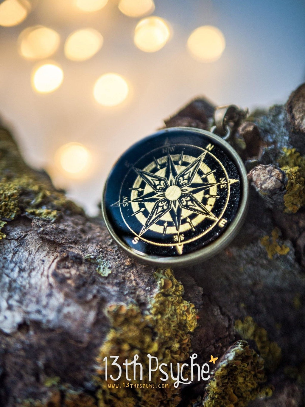 Handmade Compass pendant necklace, Illustrated cameo necklace - 13th Psyche
