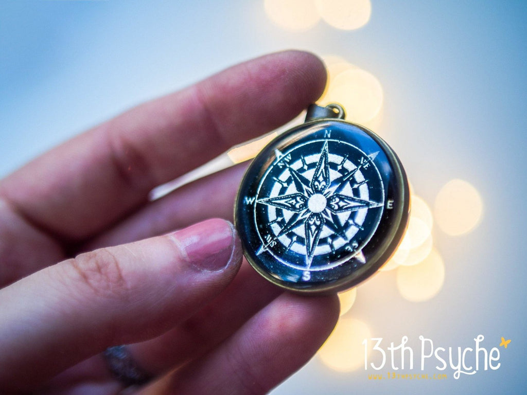 Handmade Compass pendant necklace, Illustrated cameo necklace - 13th Psyche