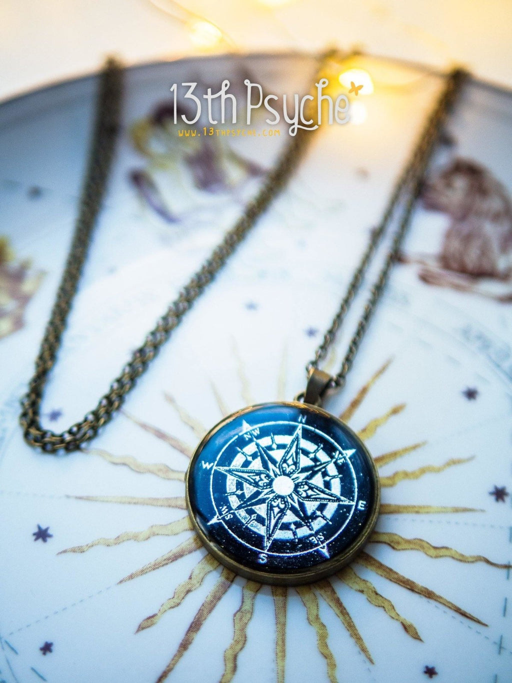 Handmade Compass pendant necklace, Illustrated cameo necklace - 13th Psyche