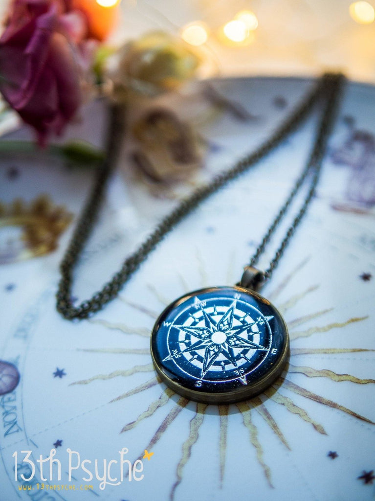 Handmade Compass pendant necklace, Illustrated cameo necklace - 13th Psyche