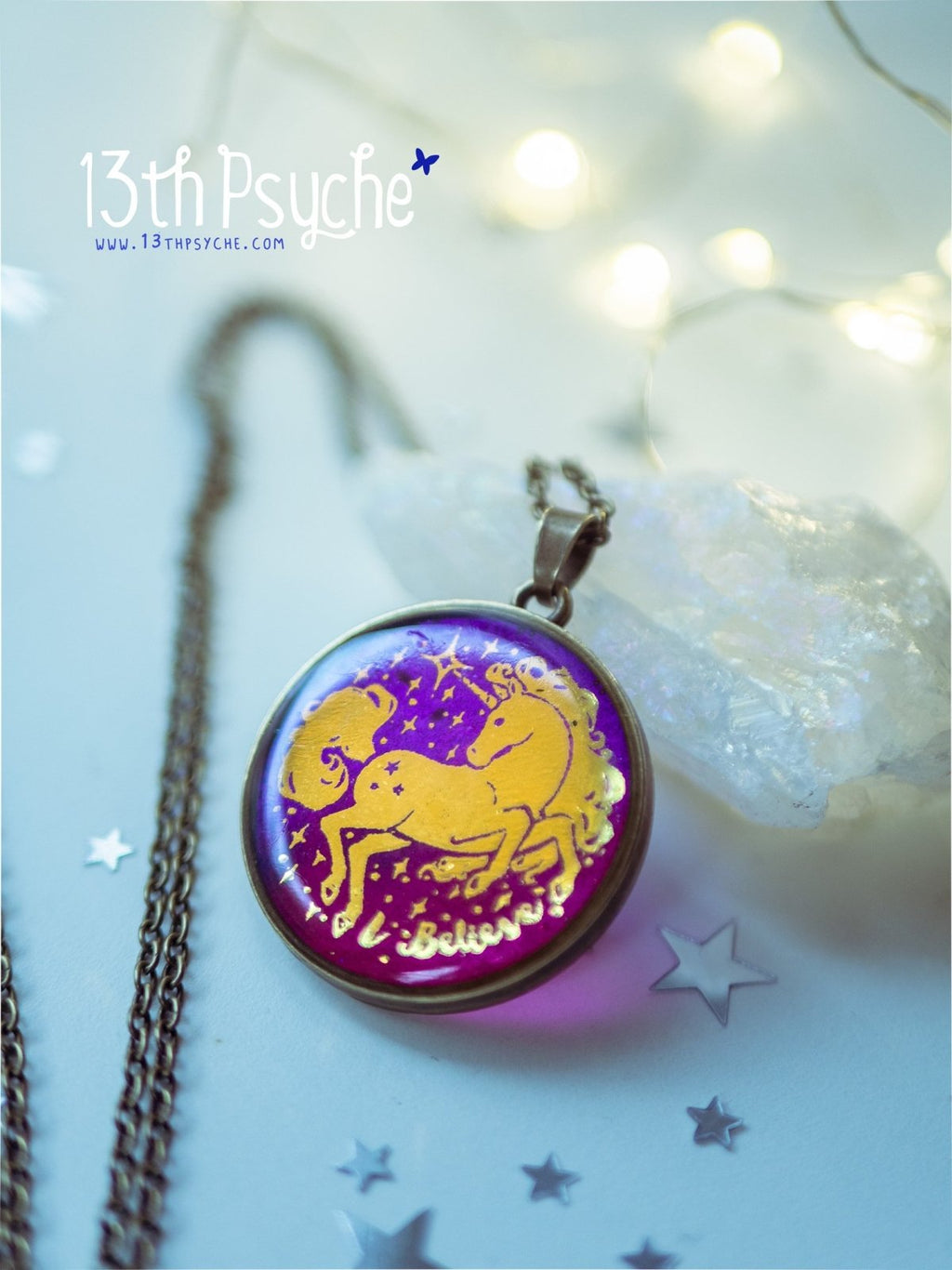 Handmade Illustrated unicorn resin pendant necklace, I believe necklace - 13th Psyche