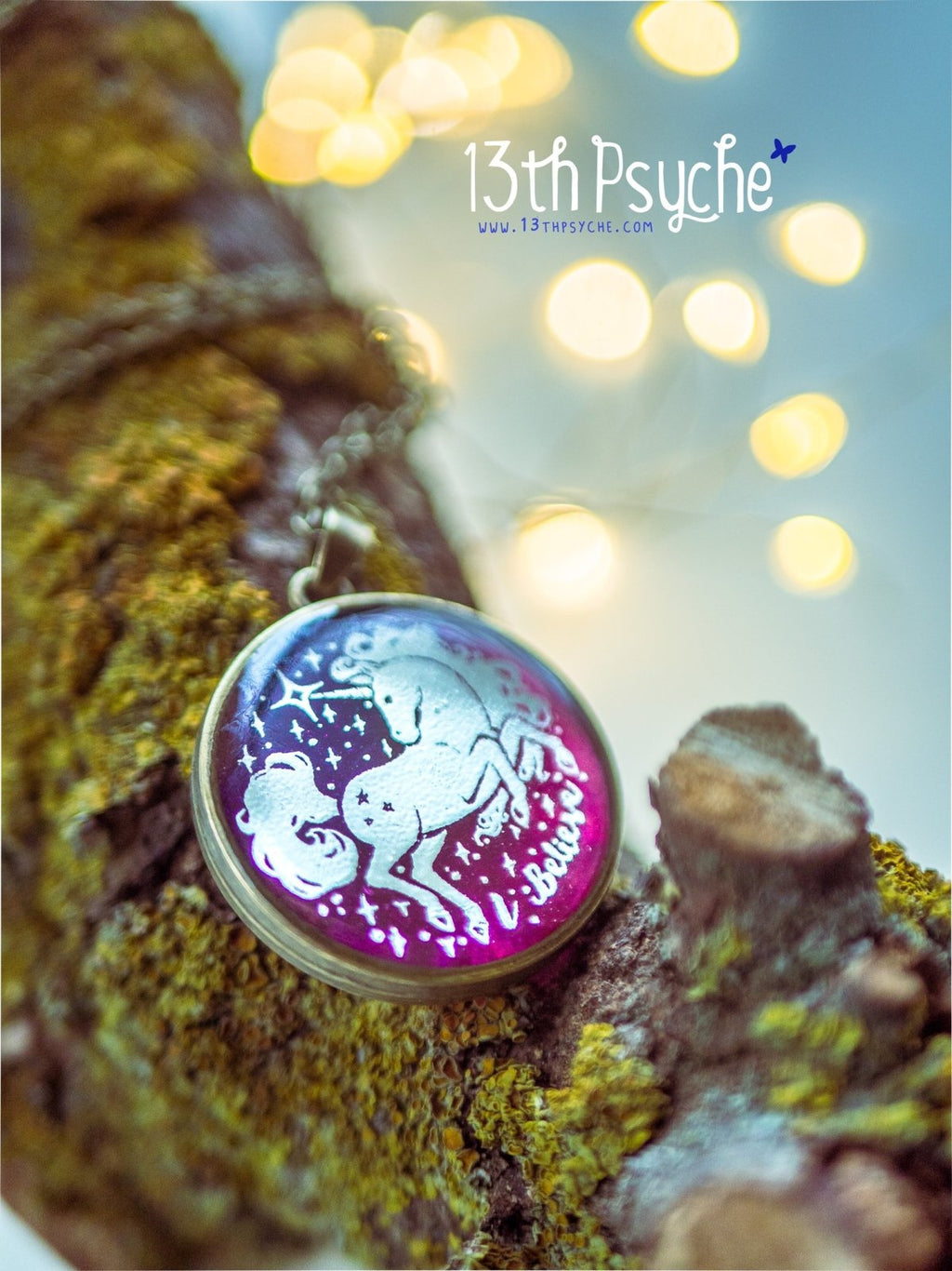Handmade Illustrated unicorn resin pendant necklace, I believe necklace - 13th Psyche