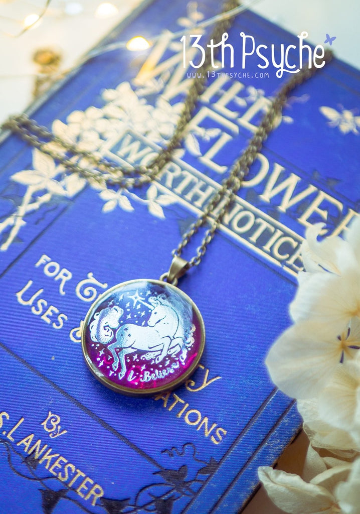 Handmade Illustrated unicorn resin pendant necklace, I believe necklace - 13th Psyche