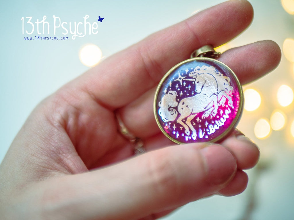 Handmade Illustrated unicorn resin pendant necklace, I believe necklace - 13th Psyche