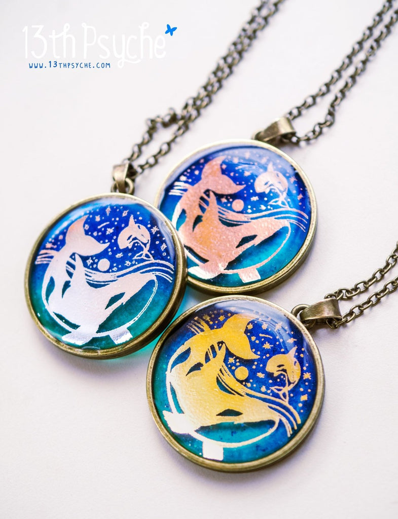 Handmade Illustrated orcas resin pendant necklace - 13th Psyche