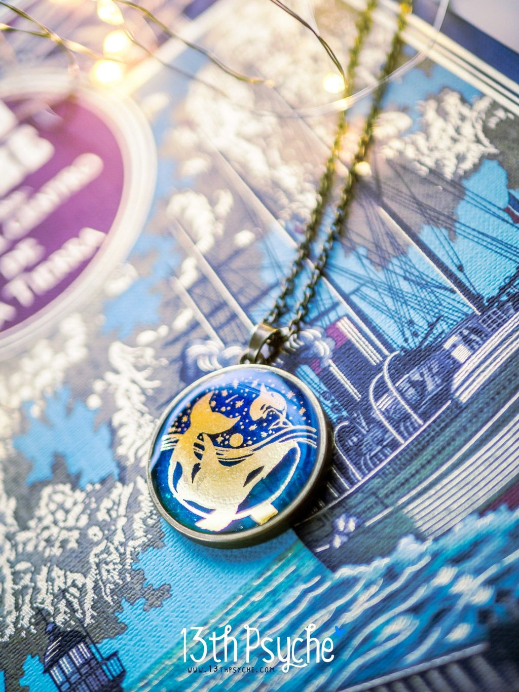 Handmade Illustrated orcas resin pendant necklace - 13th Psyche