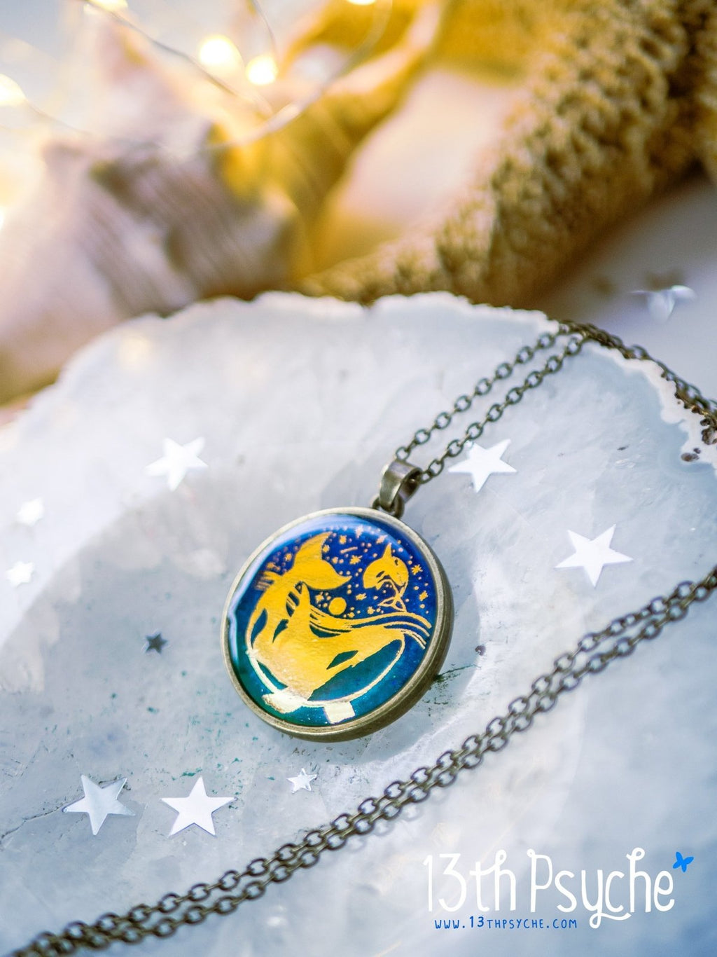Handmade Illustrated orcas resin pendant necklace - 13th Psyche