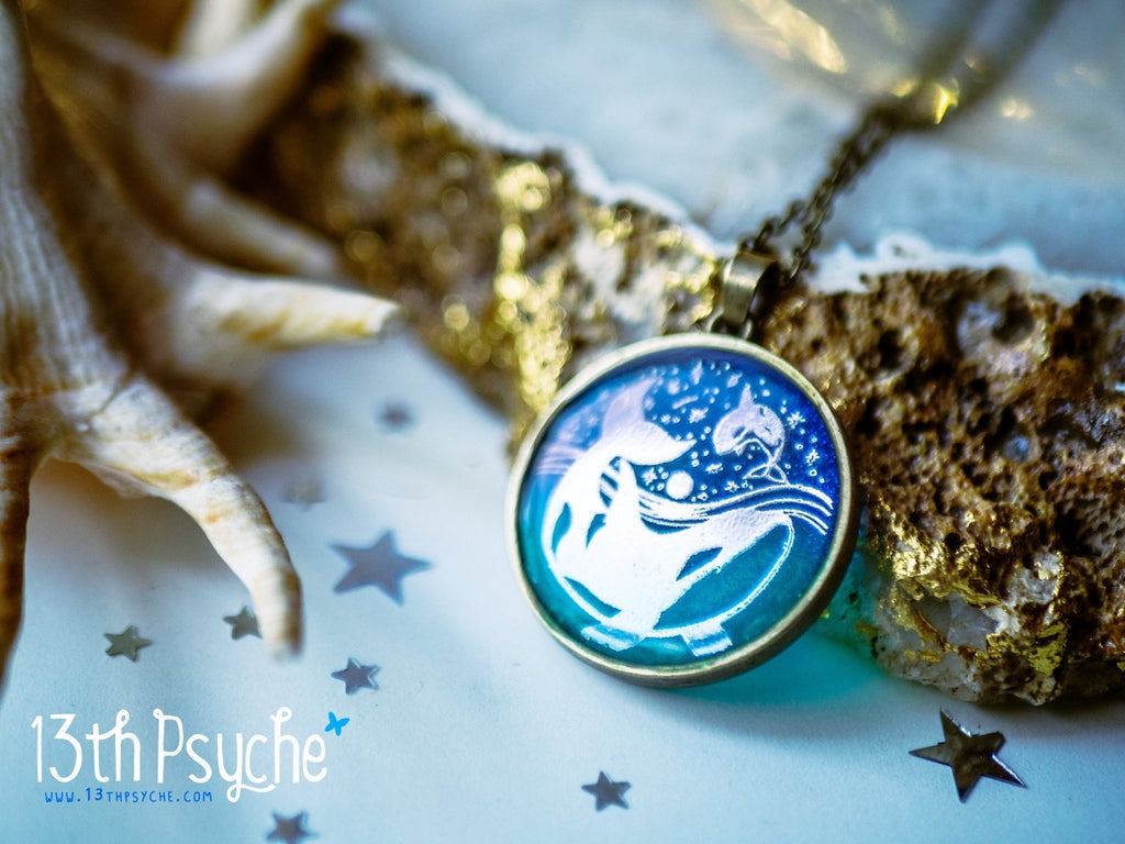Handmade Illustrated orcas resin pendant necklace - 13th Psyche