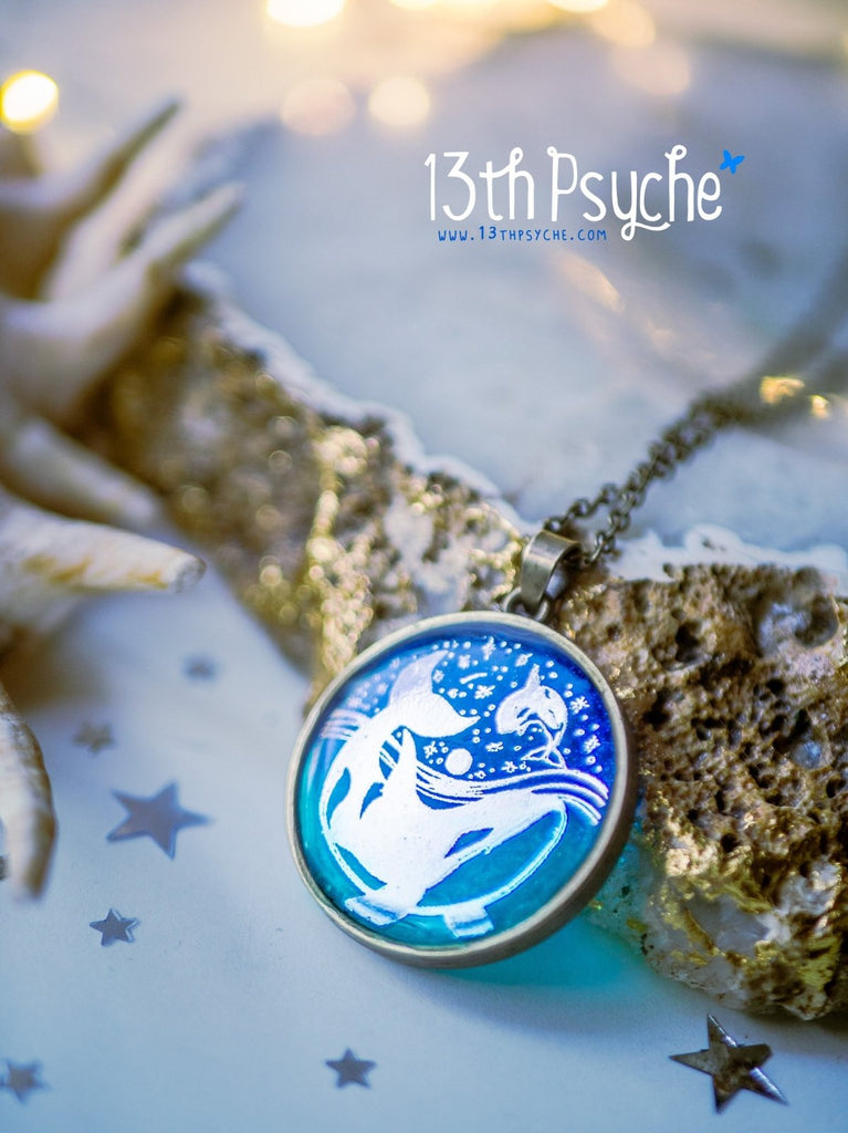 Handmade Illustrated orcas resin pendant necklace - 13th Psyche