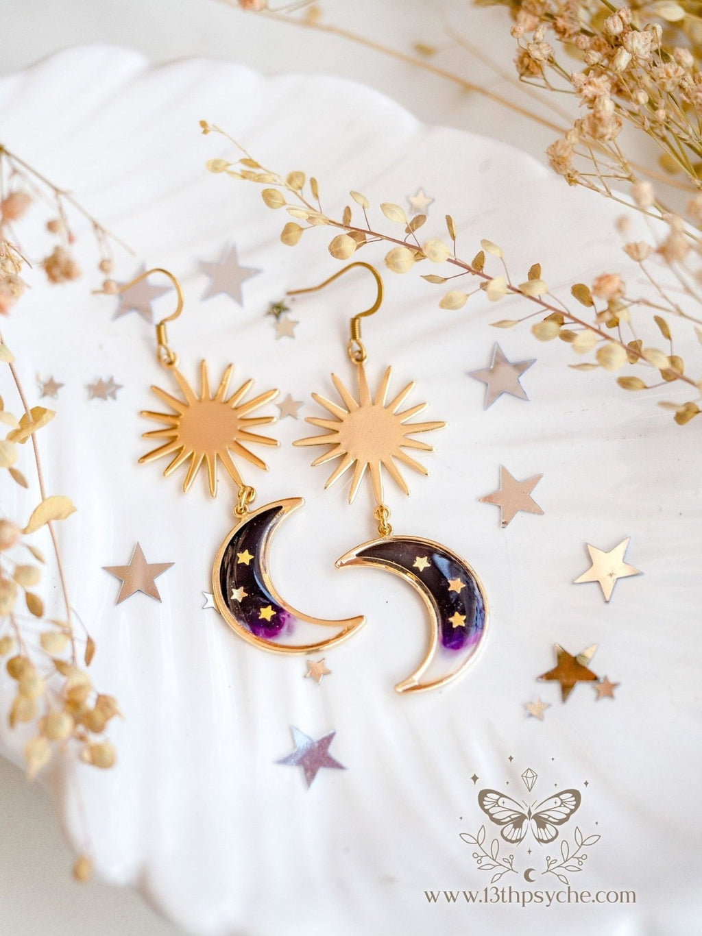 Handmade Black crescent dangle moon earrings - 13th Psyche