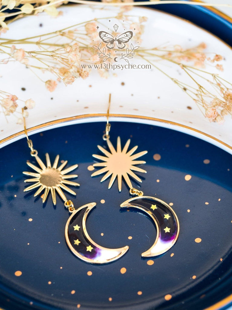 Handmade Black crescent dangle moon earrings - 13th Psyche