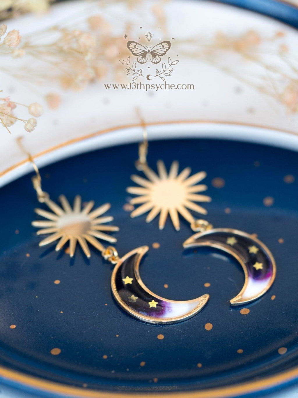 Handmade Black crescent dangle moon earrings - 13th Psyche