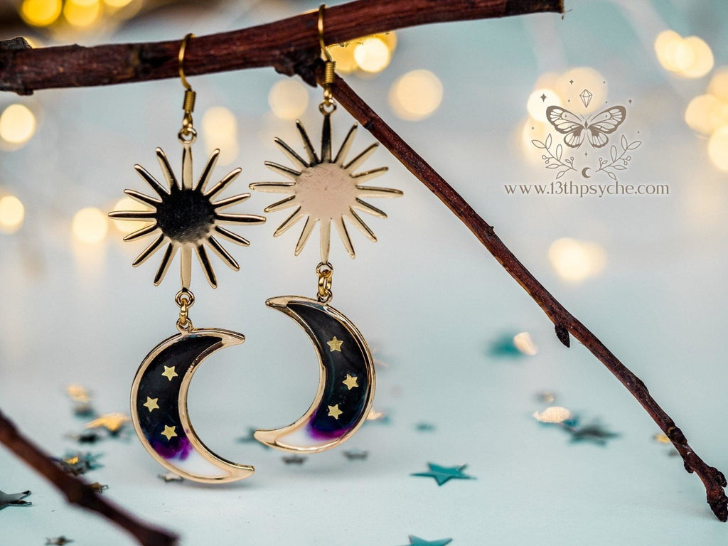 Handmade Black crescent dangle moon earrings - 13th Psyche