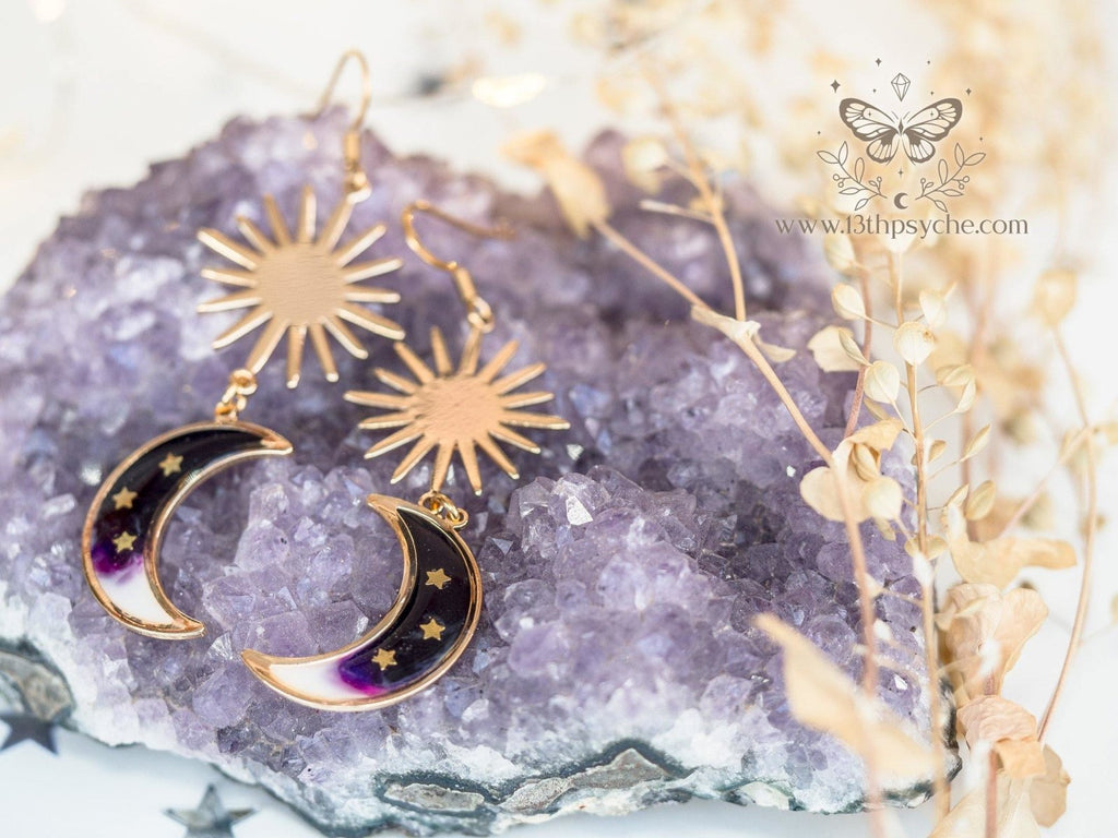 Handmade Black crescent dangle moon earrings - 13th Psyche