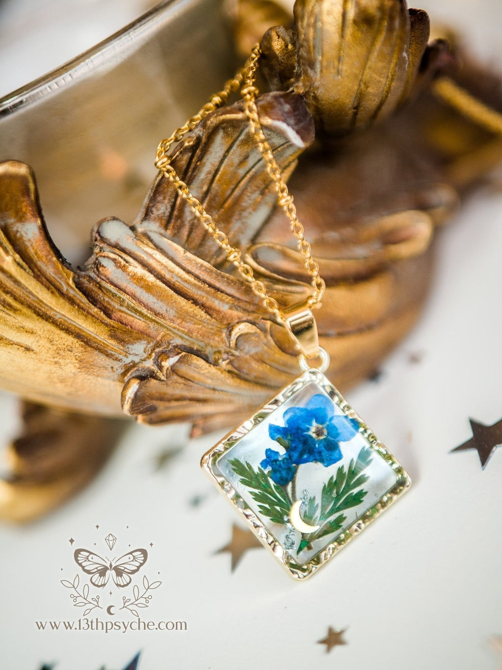 Handmade Rhombus Forget me not flower pendant necklace - 13th Psyche