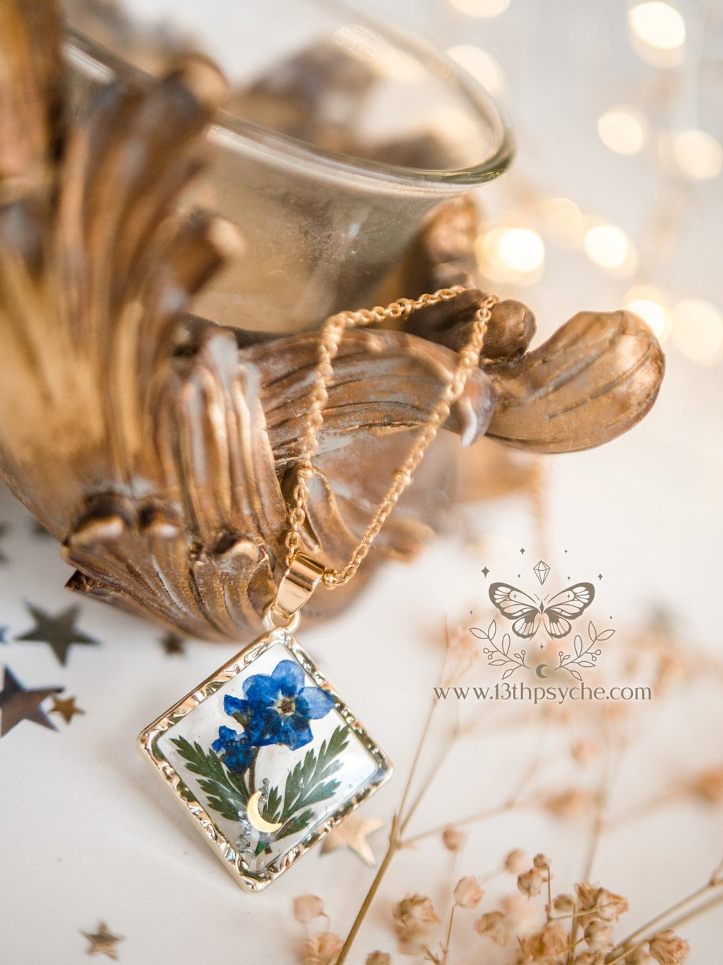 Handmade Rhombus Forget me not flower pendant necklace - 13th Psyche